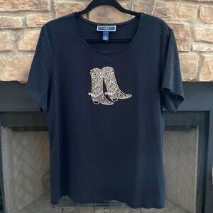 Karen Scott black T-shirt with gold and silver embellishment cowboy boots. 2X